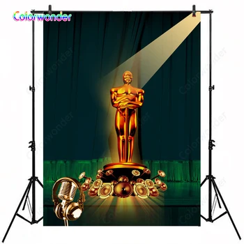 

Photo Booth Background Oscar Golden Man Standing on The Stage with Microphone 5x7ft Green Curtain with Wooden Floor Backdrops