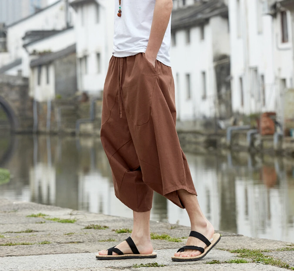 G-LIKE, летний китайский стиль, мужские свободные хлопковые льняные укороченные брюки, дышащие штаны для отдыха, удобные штаны для боевых искусств