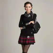 Осенняя Новая модная универсальная клетчатая плиссированная юбка с оборками шерстяная мини-юбка с блестящей цепочкой на талии