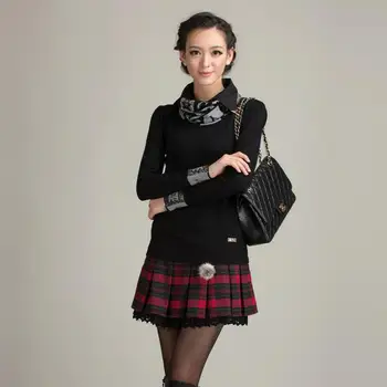 

2020 Autumn New Fashion All Match Flounce Plaid Pleated Skirt Backing Wool Mini Skirt With Shining Waist Chain Free Shipping