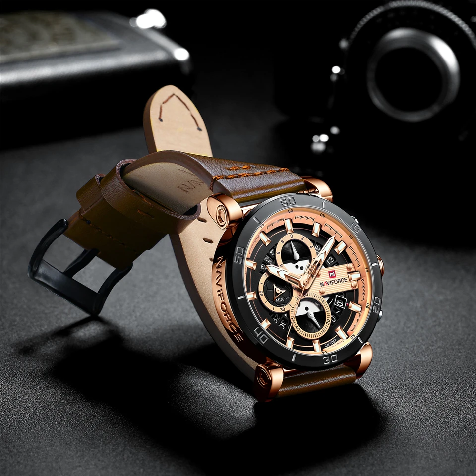NAVIFORCE хронограф мужские часы 3 бар водонепроницаемые аналоговые кожаные спортивные часы армейские военные кварцевые часы Relogio Masculino