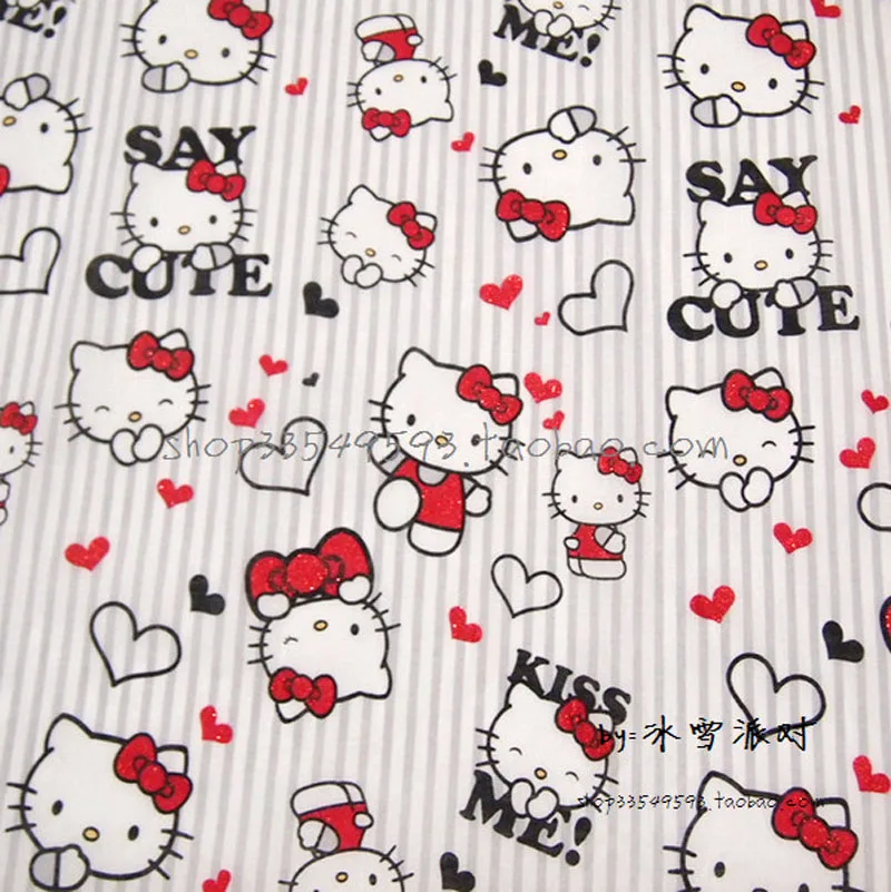 

135*50cm1pc Hello Kitty Fabric 100%Cotton Fabric Telas Patchwork Red Bow&Hello kitty Print Fabric for DIY Sewing Baby Clothing