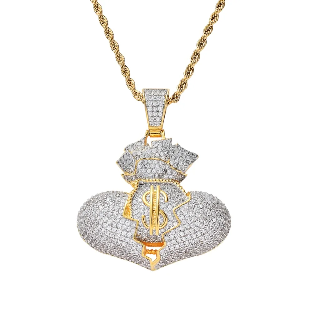 Bling bling Broken Heart with US money bag Pendant Brass Micro pave ...