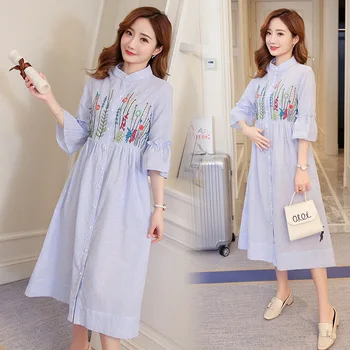 

2018 maternity dresses summer new embroidered striped Korean fashion speaker sleeve pregnant women stand dress pregnancy clothes