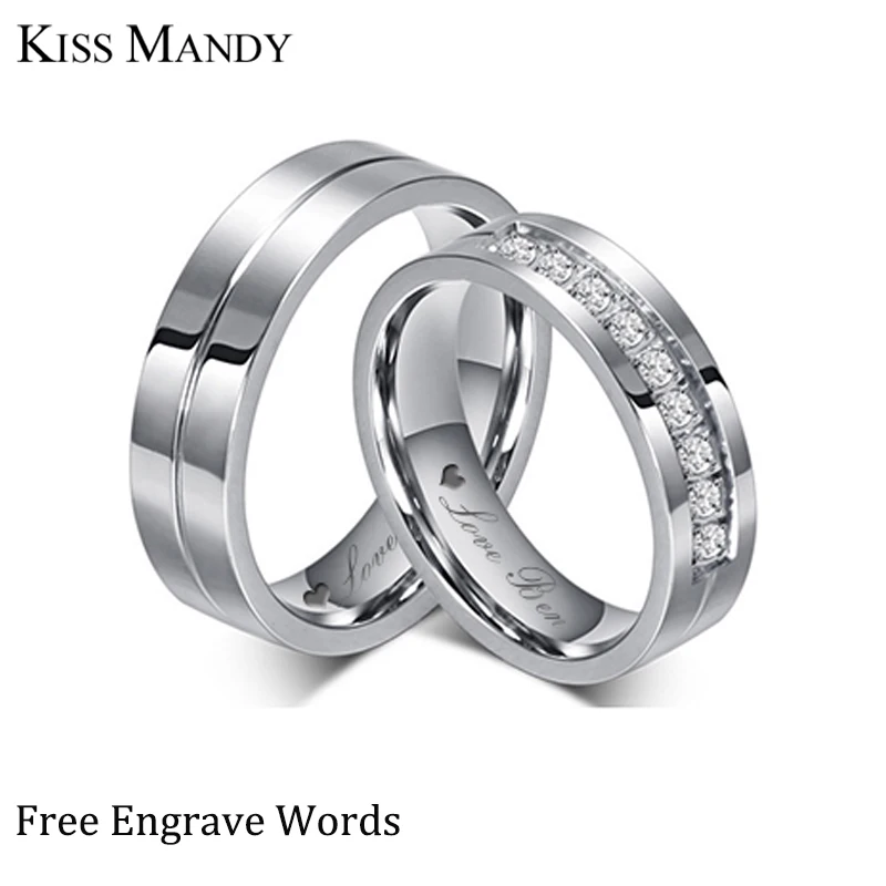 KISS MANDY Women Men Wedding Stainless Steel Sliver Zircon Stone Rings Couple Ring For Lovers Bridal Engagement Jewelry KR213