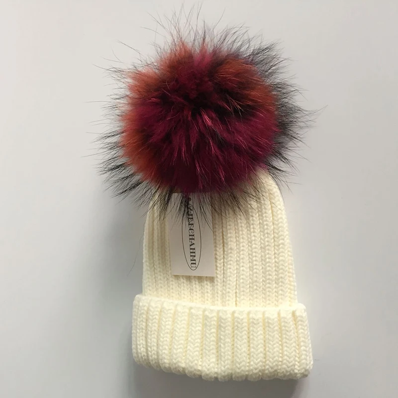 Модные новые помпоны из натурального Лисьего меха норки 18 см Skullies Beanies, шапки для женщин и девочек, зимние теплые шапки, детские шапки Skullies Beanies