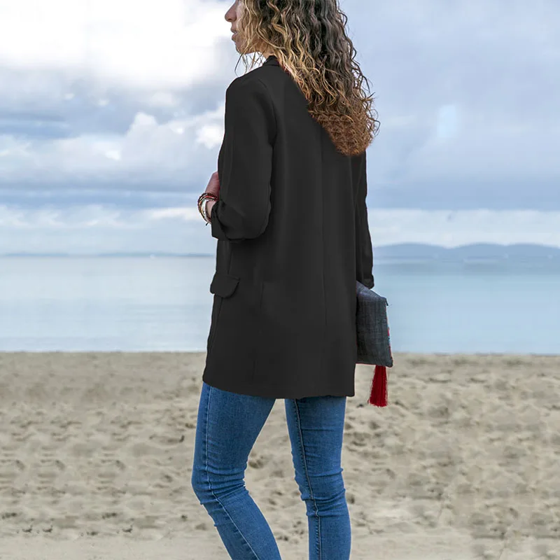 Модный женский осенне-весенний костюм куртка блейзер с длинными рукавами однотонное пальто