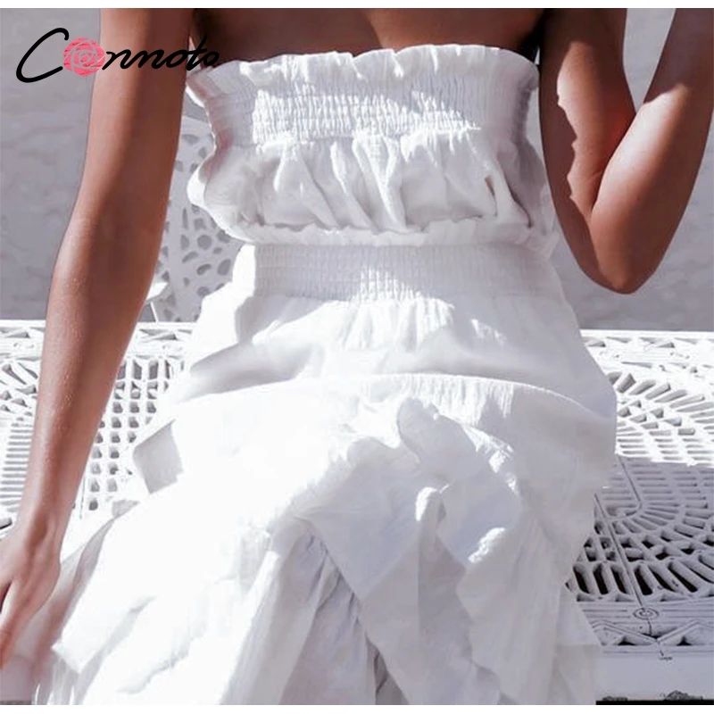 Conmoto Двусоставное белое платье без бретелек, длинное платье без рукавов, платье с воланами, элегантное платье для вечеринок