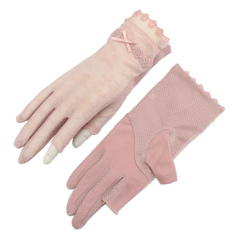 Woman Gloves New Summer Sunscreen Female Thin Elastic Ice Silk Non Slip Driving Anti UV Short Style Sweet Lace FS17|Женские перчатки|