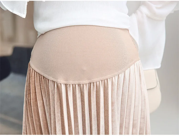 Юбки для беременных длинные золотые бархатные кружевные юбки для беременных женщин Повседневная юбка в складку Плюс Размер Высокая талия юбка для беременных
