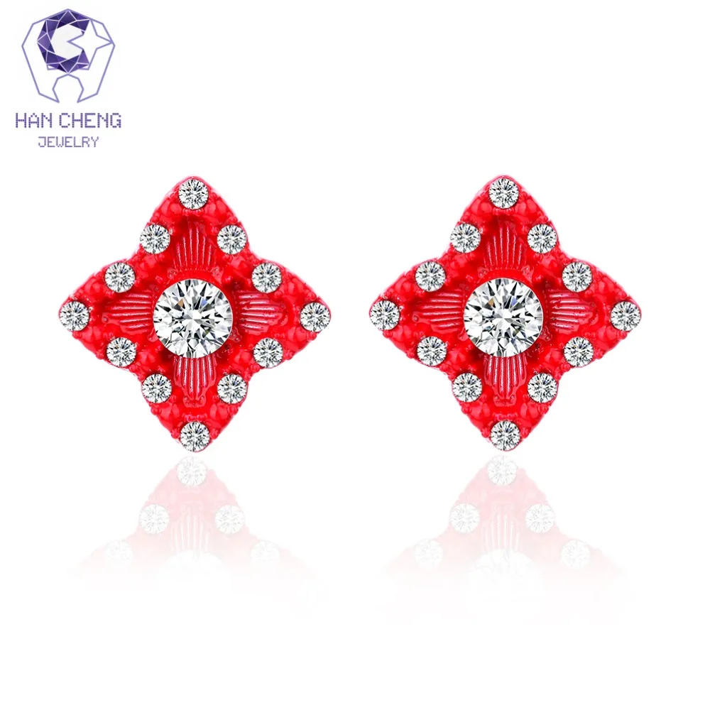 

HanCheng New Fashion Cute Paint Metal Nail Geometric Clover Gem Stone Rhinestone Stud Earrings For Women Jewelry brincos bijoux