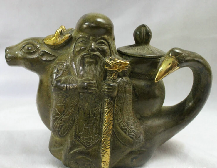 

song voge gem S2463 7" Marked Chinese Bronze Gold Deer Crane God of Longevity Wine Tea Pot Flagon