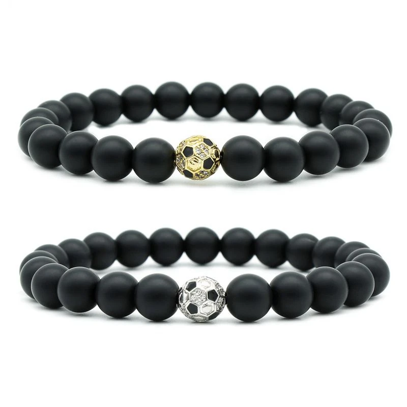 

2PC gold and silver micro inlaid zircon football beaded bracelet beads 8mm matte black elastic bracelet men and women bracelets