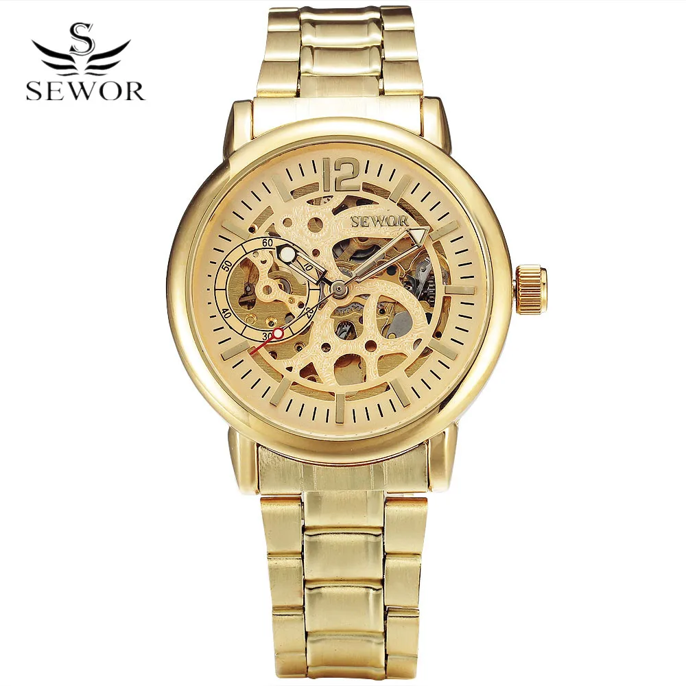 

SEWOR Men Watch Fashion Automatic Mechanical Wristwatch Fine Carving Gold Skeleton Dial Army Clock Dress Stainless Steel Watches