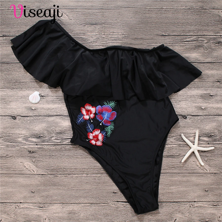 Plus Size Swimsuit One Off Shoulder Embroidery Floral Female Swimwear