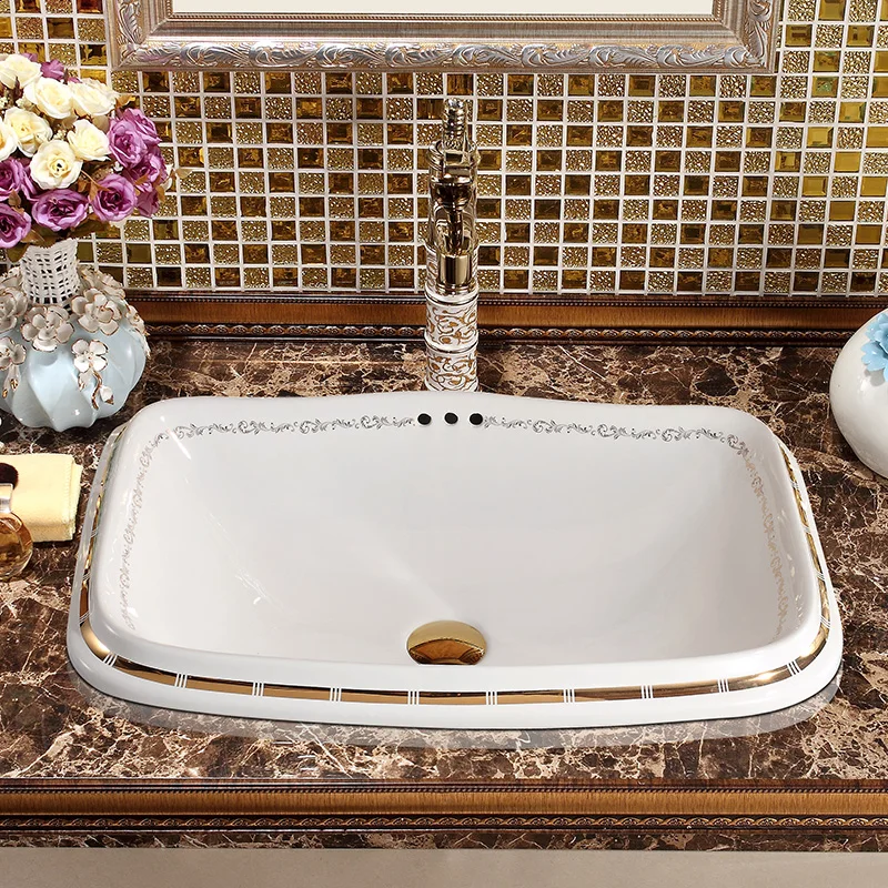 Lavatory wash basin  Rectangular Artistic Porcelain Ceramic Semi Countertop Bathroom Sink Art Basin With Overflow (3)