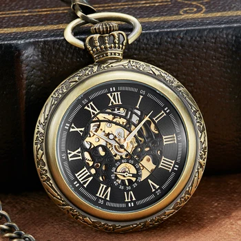 

Vintage Crowns Design Carved Number Dial Mechanical Pocket Watch Men Unique Hollow Steampunk Bronze Mechanical Clock Watch Chain