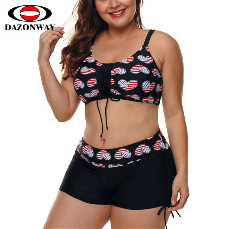 

DAZONWAY Plus Size Flag Printed Bikini Women Sling Strapless Back Boxer Shorts Split Swimsuit Conservative Split Swimwear XXXL