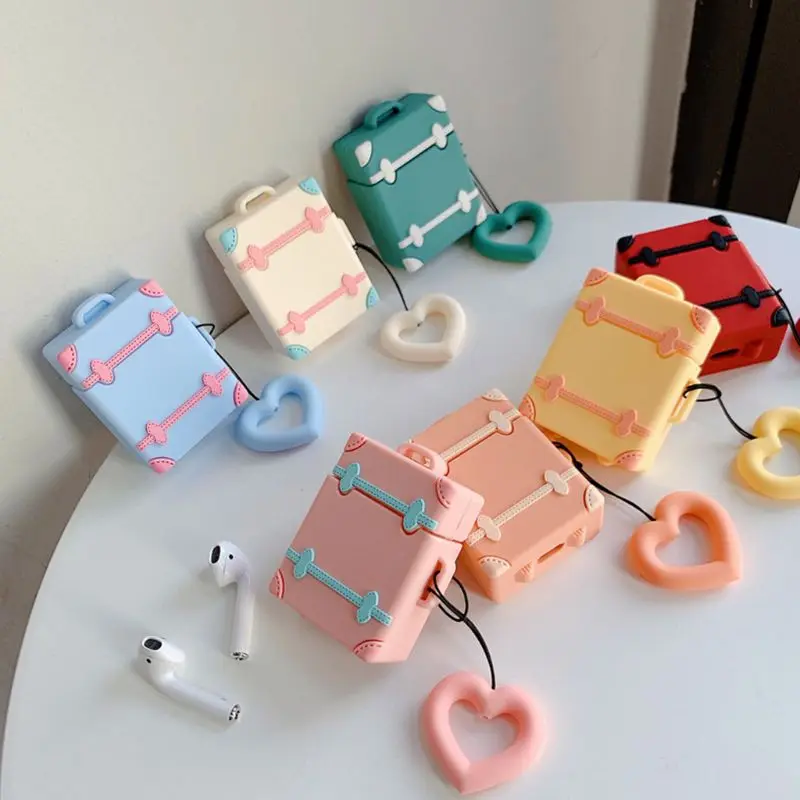 

Cute Suitcase Luggage Case Silicone Protective Cover For Apple Airpods 1/2 Bluetooth Earphone With Love Heart Finger Ring Strap