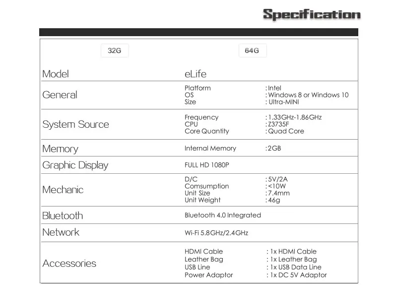 5 шт./лот Windows10 Мини ПК Elife HDD проигрыватель горячая Распродажа низкое потребление 32G Bluetooth 4 K HD медиаплеер