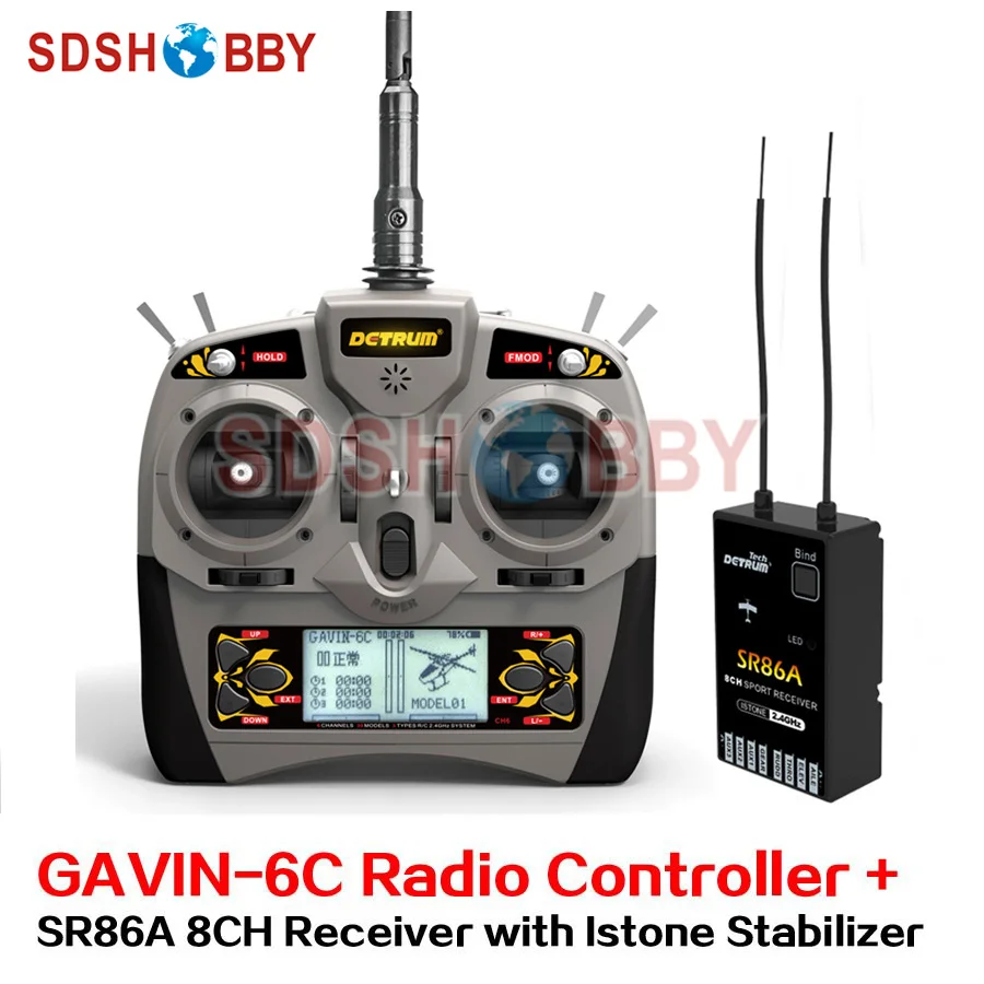 

Detrum GAVIN-6C Transmitter Set Remote Controller with SR86A Istone Stabilizer 8CH Receiver for RC Fixed Wing Airplane