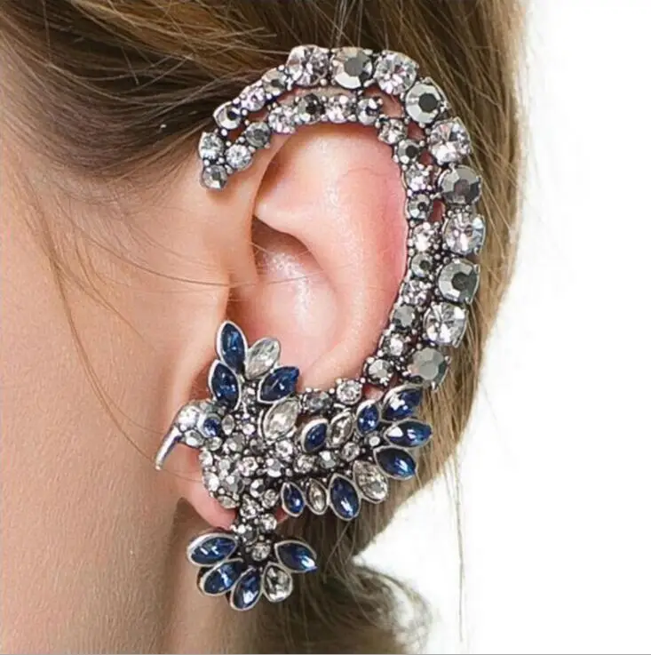 

Retro Blue Crystal Rhinestone Birds Ear Cuff Earrings For Left Ear Stud Earring Clip On Earrings For Women Vintage Punk Girl Jew