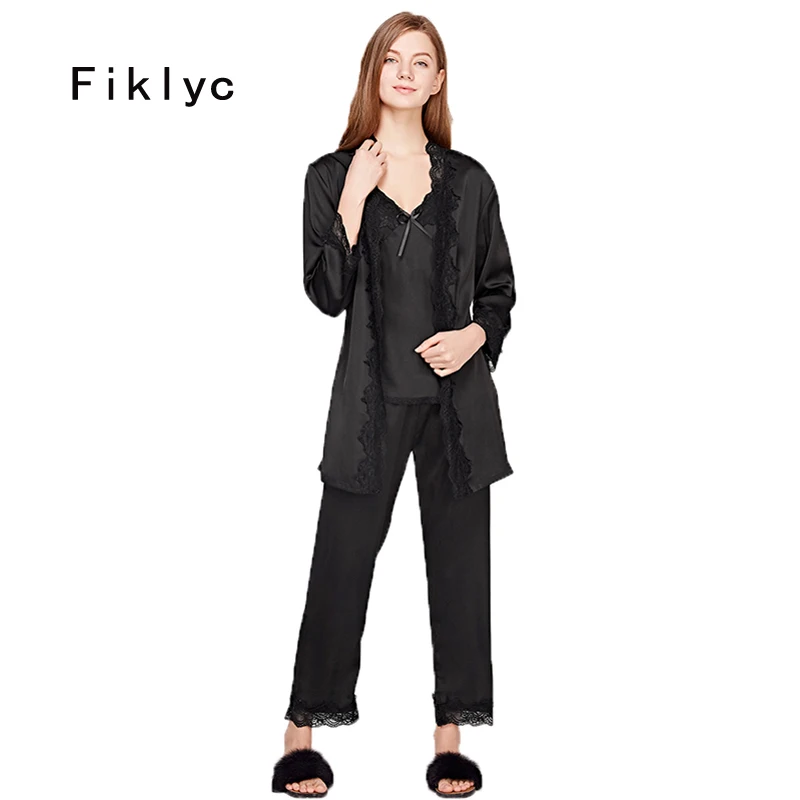 

Fiklyc brand luxury women's three-pieces bathrobe + long pants pajamas sets with chest padded slim body nightwear lingerie set