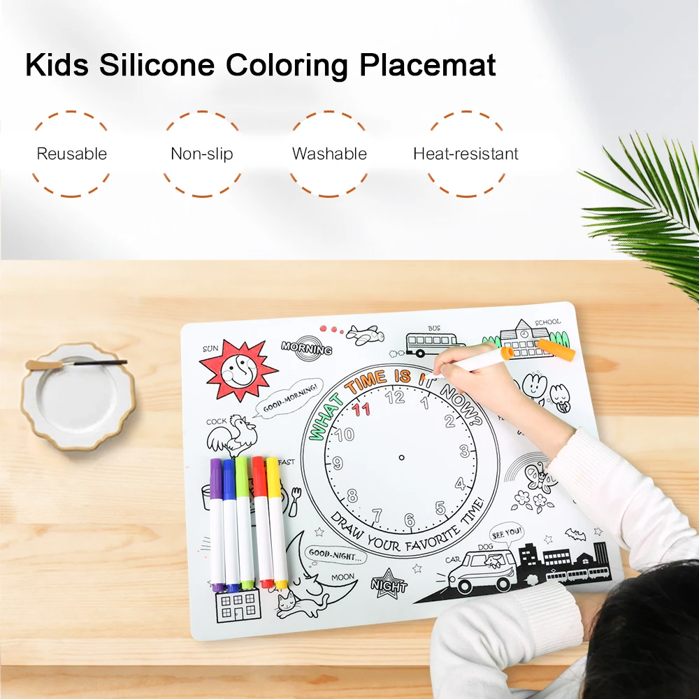 

Kids Silicone Coloring Placemats Time Learning with 6 Non-toxic Markers Children Coloring Drawing Mat Reusable Non-slip Washable