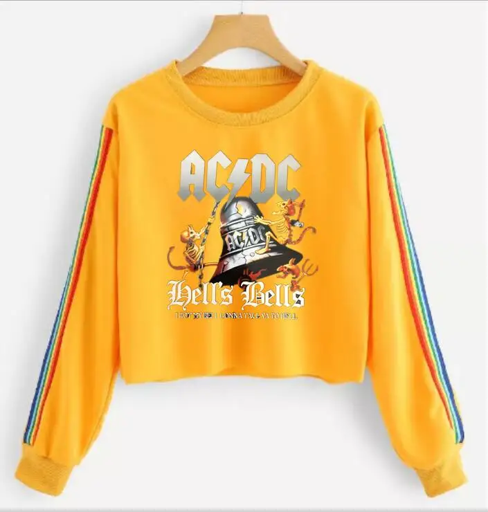 Fashion temperament women's ACDC round neck long-sleeved T-shirt clock short rainbow stripes streetwear | Женская одежда