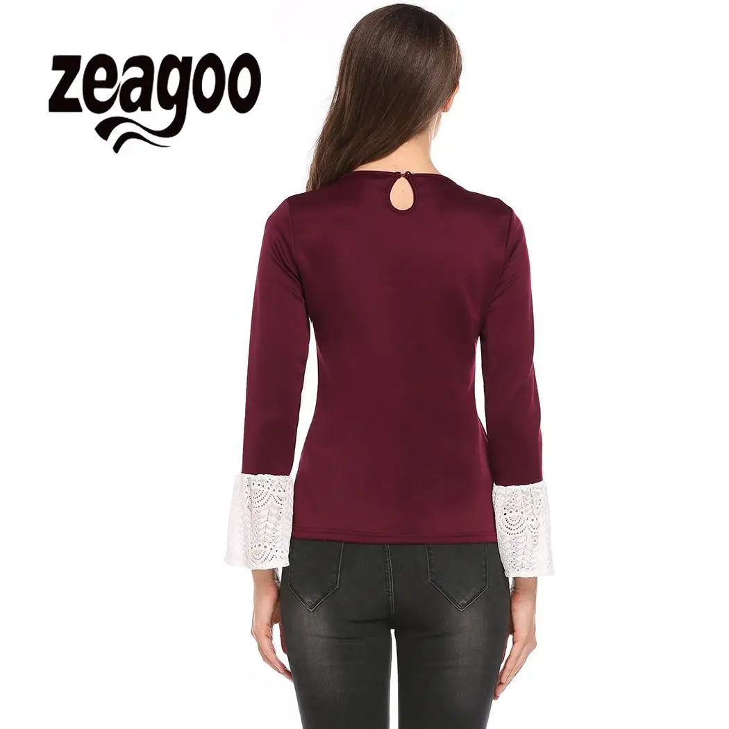 None Keyhole Lace Flare Long Sleeve Women Casual Slim Fit T Shirt Tops