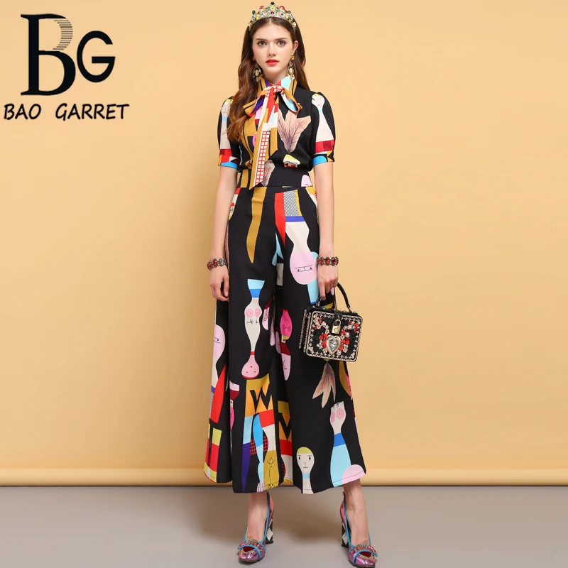 

Baogarret Spring Fashion Designer Suits Women's Bow Tie Shirt+Character Printed Elegant Vintage Long Pants Two Pieces Set