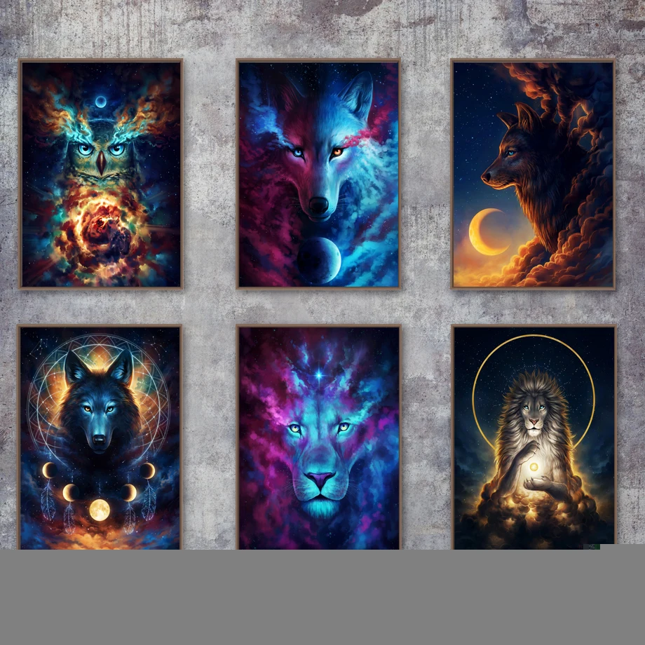 Wall Art Canvas Painting 1 Piece Fantasy Wolf Moon Deer Owl Lion Posters Print Modular Picture For Living Room Home Decor Fame | Дом и сад