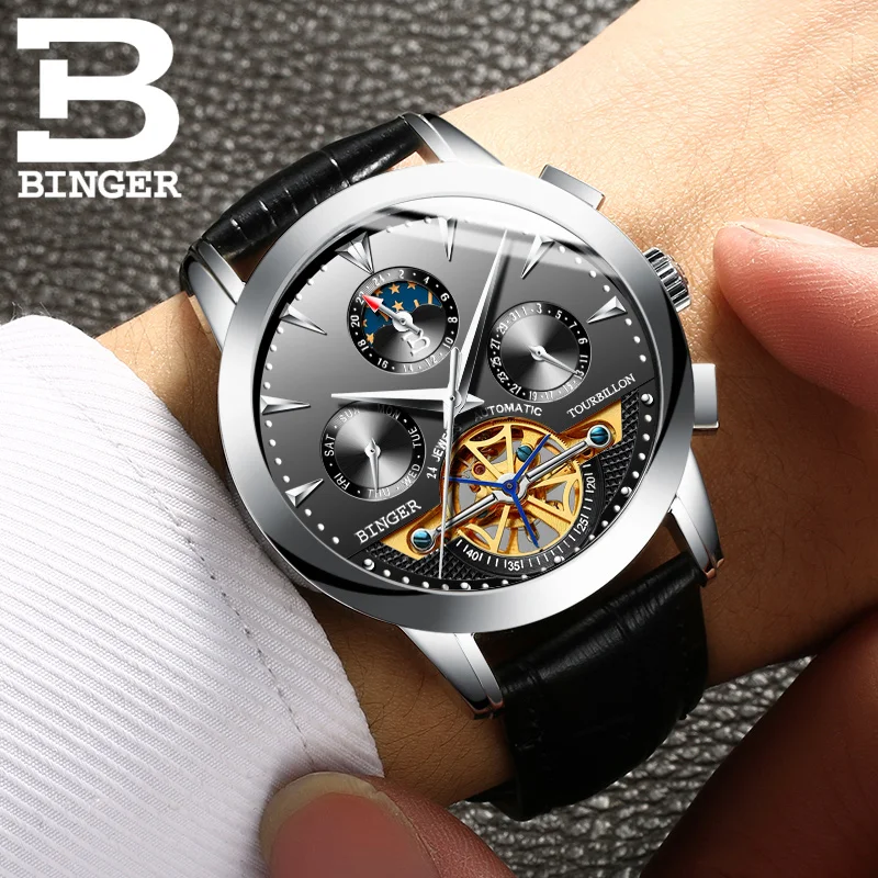 Модные мужские часы Tourbillon швейцарские автоматические BINGER механические с кожаным