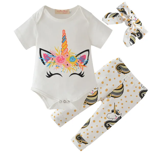 Комплект летней одежды из 3 предметов для новорожденных девочек, хлопковый комбинезон с короткими рукавами и рисунком+ штаны+ повязка на голову, комплект одежды для малышей - Цвет: Белый