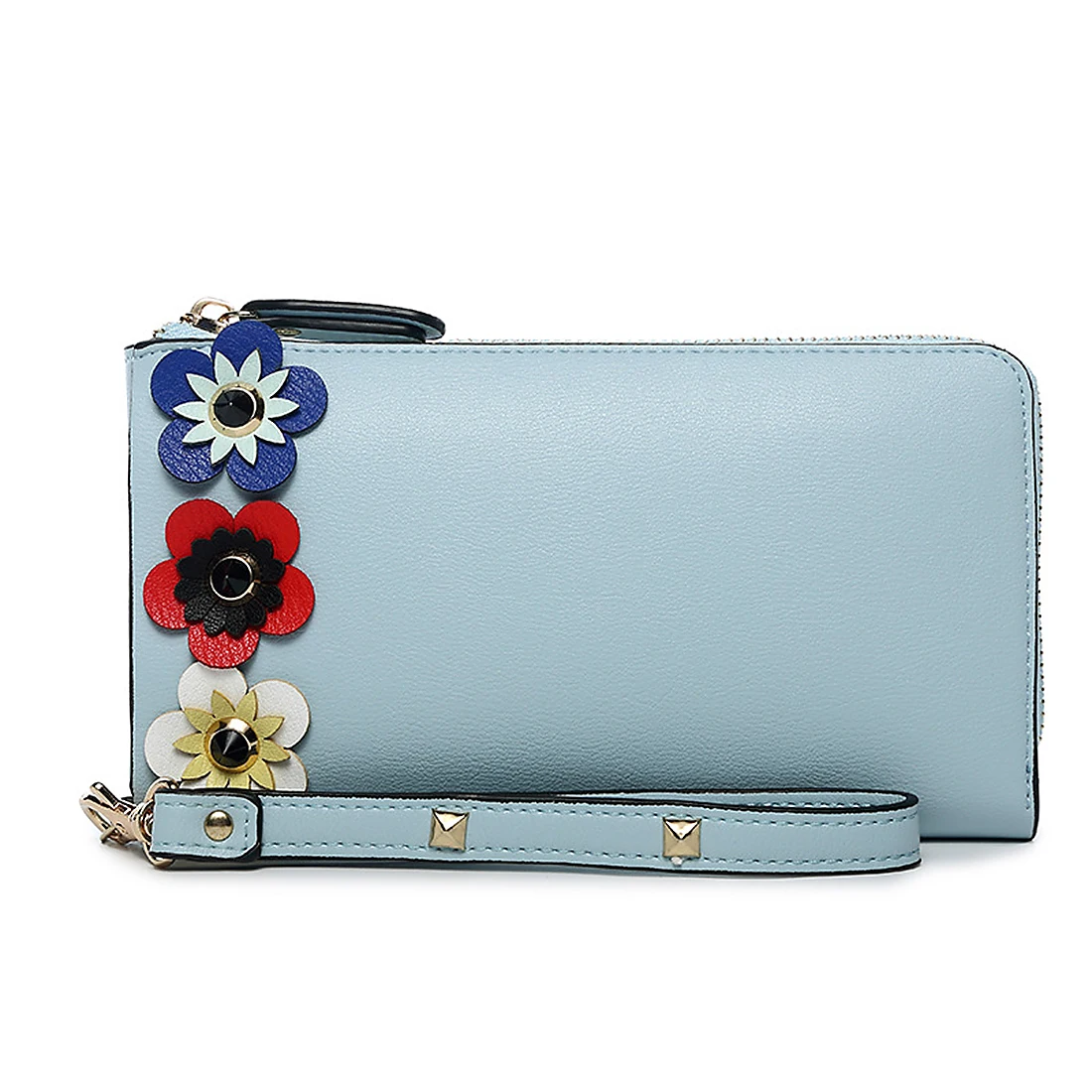 Women's Cute Flower PU Leather Wristlet Clutch Wallet with Wrist Strap Card Holder Coin Pursein