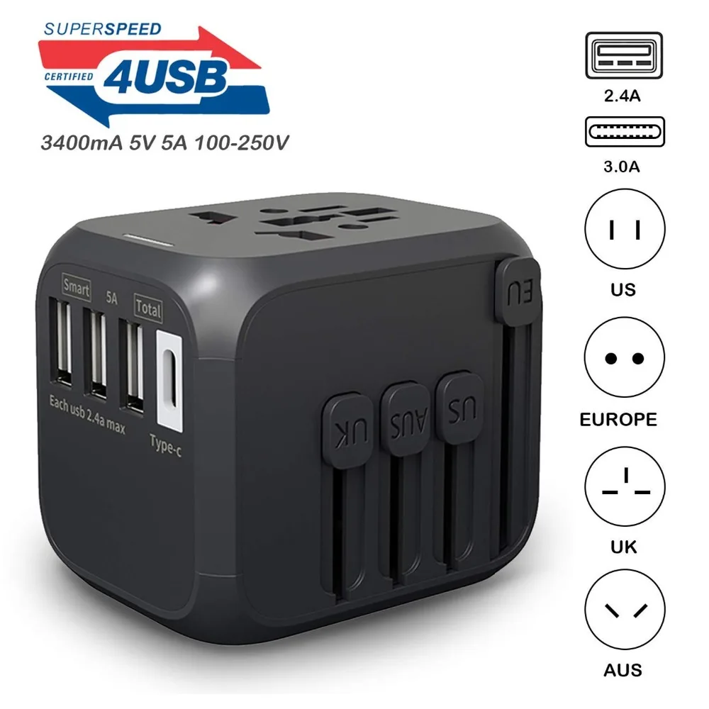 

International Travel Adapter Auto Resetting Fuse baby safe design 5A 3 USB + 1typc c Worldwide Wall Charger for UK/EU/AU/Asia