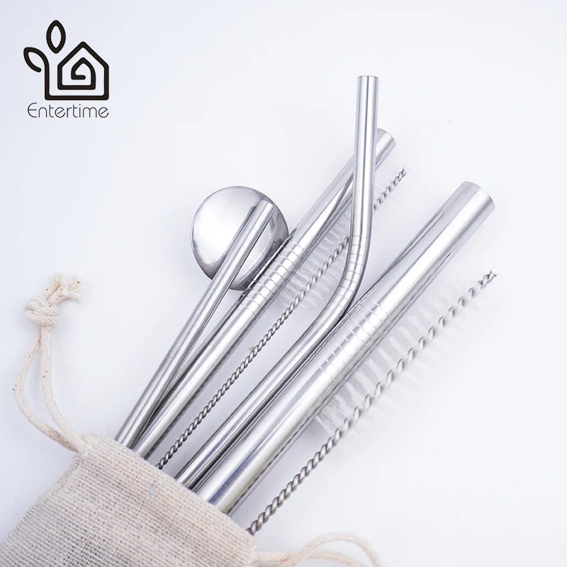 

Entertime Set of 4pcs Stainless Steel Drinking Straws Reusable Metal Straws+2 pcs cleaner brush with storage bag/carry box