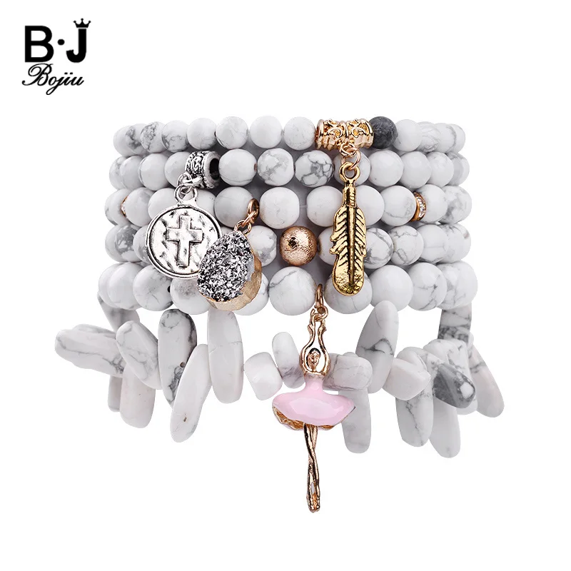 

Комплект браслетов BOJIU из натурального камня Howlite для женщин, модный браслет с золотыми листьями и изображением танцовщицы девушки, BCSET204