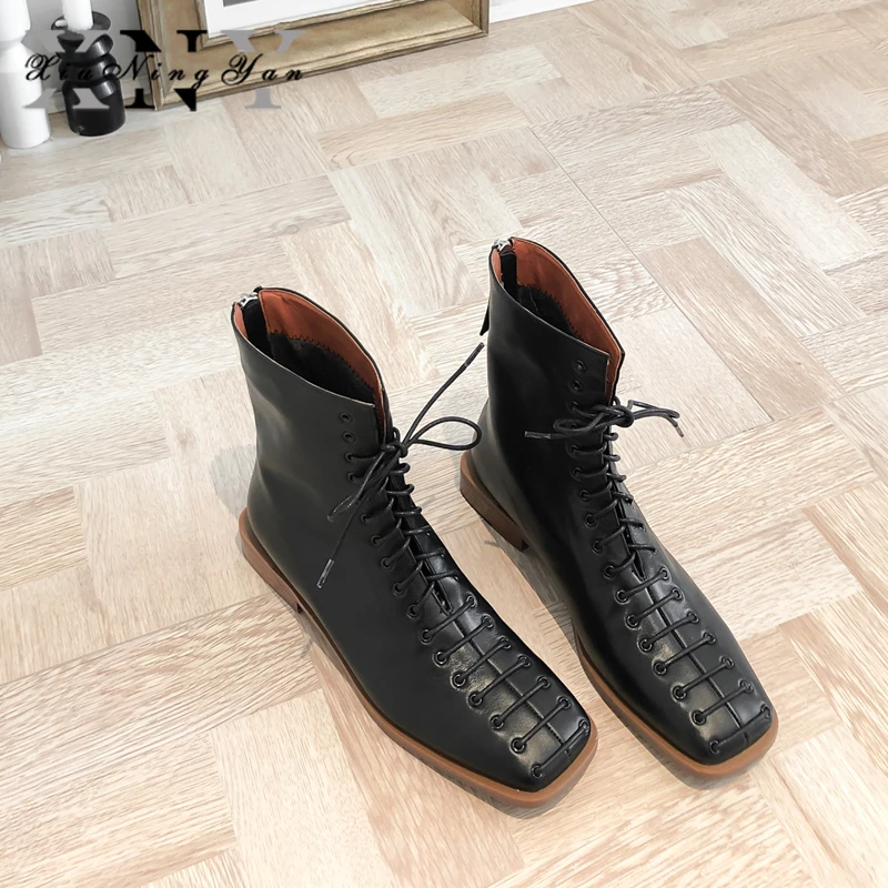 Xiuningyan/женские ботинки из мягкой натуральной кожи в стиле ретро; обувь на молнии с квадратным носком; женские ботильоны; женская зимняя обувь на низком каблуке