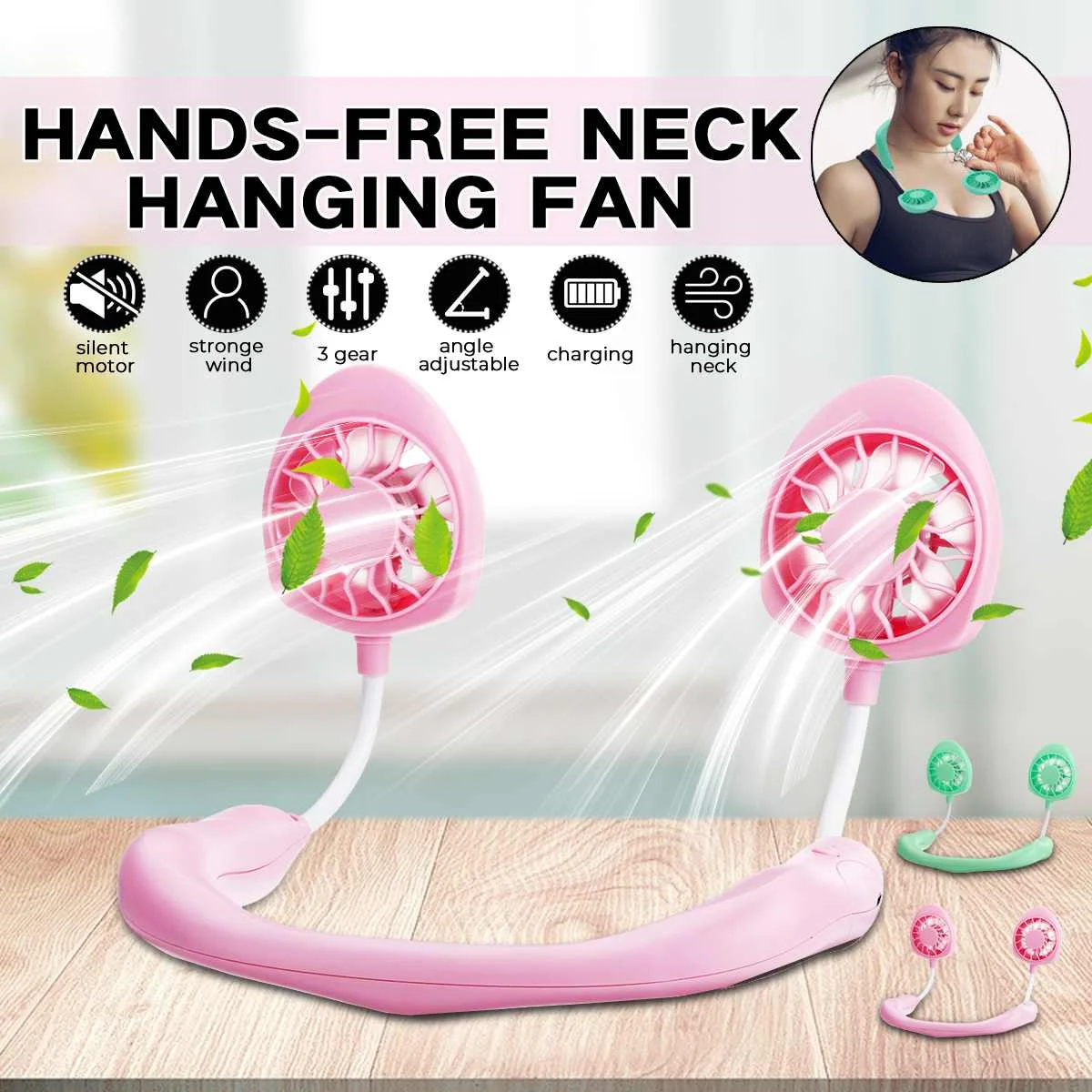 

Portable Fans Hand Free Neckband Fans With USB Rechargeable 1200mA Battery Operated Dual Wind Head 3 Speed Adjustable Fan