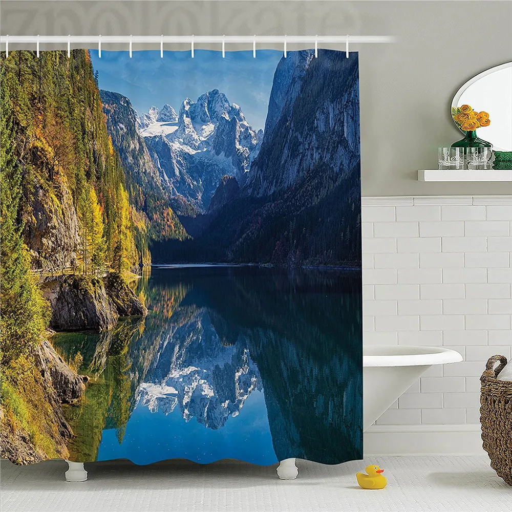 Lake House Dachstein Mountain Reflecting in Crystal Clear Fall Salzkammergut Austria Polyester Bathroom Shower Curtain | Дом и сад