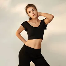Women’s scooped neck and back butterfly sleeve black sports tank top yoga exercise gym fitness crop top and bras