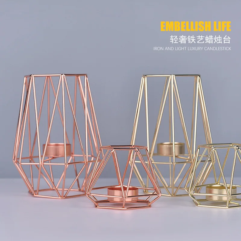 

Nordic Style Metal Geometric Golden Candle Holder High Quality Wrought Iron Candlestick Bar Restaurant Decoration Home Supplier