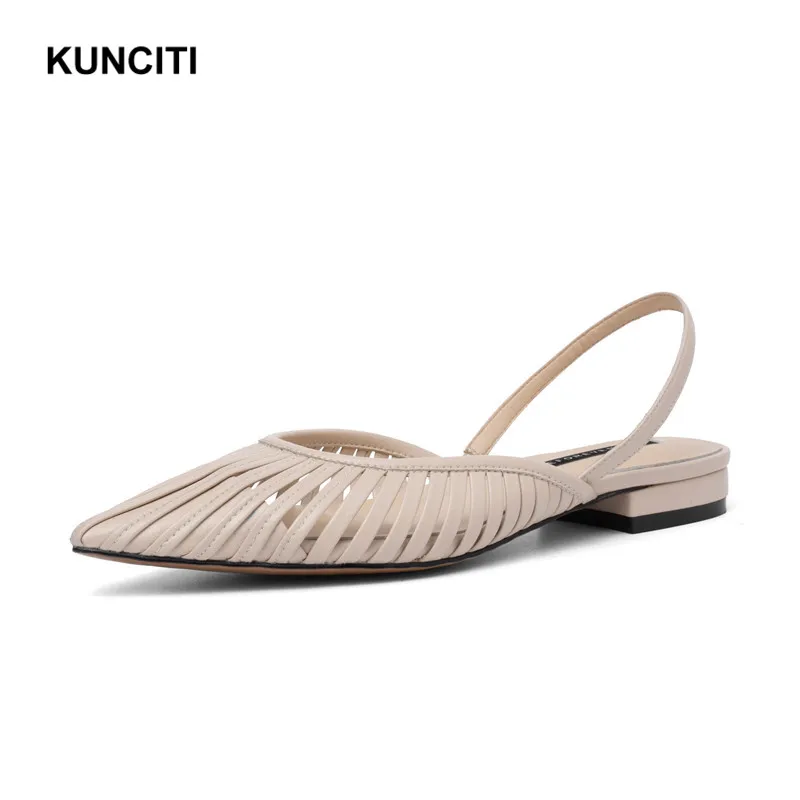 

2019 KUNCITI Low Heel Sandals Genuine Leather Hollow Out Women Sexy Heel Shoes Pointy Toe Ladies European Casual Sandals X957
