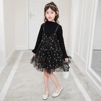 

2019 New Spring Autumn Children Girls Mesh Stars Faux 2Pcs Princess Dress Kids Dresses For Girls Baby Girl Clothes Vestidos T160