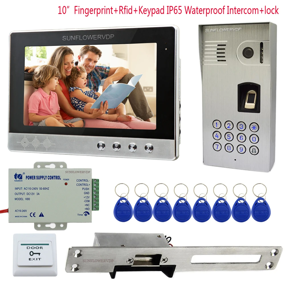 

IP65 Waterproof Home Intercom Fingerprint Rfid Code Electronic Doorman With Camera 10"Color Monitor + Electric Strike Door Lock