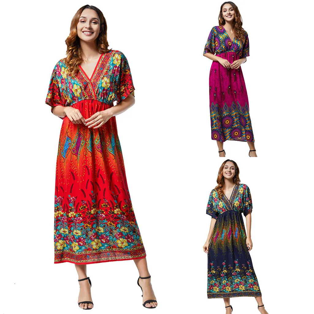 

Women Dress 2019 Sexy Multicolor color Vintage Dress Women Ladies Print Summer V Neck Bat Sleeve Bohemian Dress Vestid#35