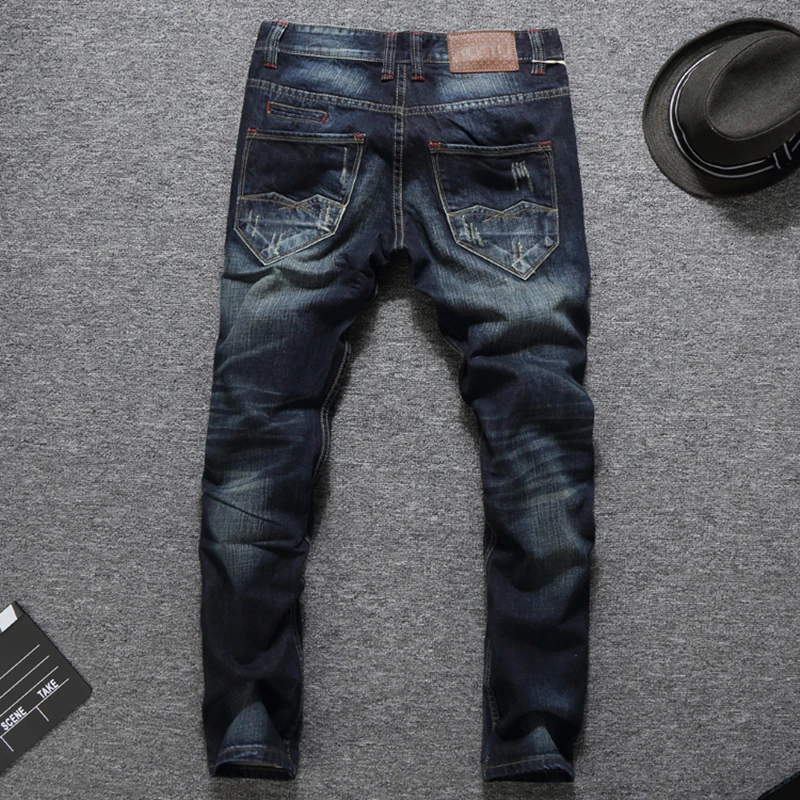 В стиле панк Для мужчин лоскутное джинсы Distressed Mid Stripe Slim Fit джинсовые темно-синие джинсы Для мужчин рваные штаны Uomo RL633