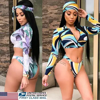 

Sexy Women's Long Sleeve Print Zipped Bikini Set Summer Beach Sets NEW
