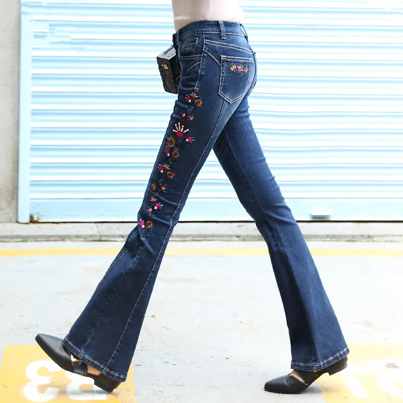 

ACRMRAC Women jeans autumn High waist jeans embroidery Slim Small Flare Pants jeans Women